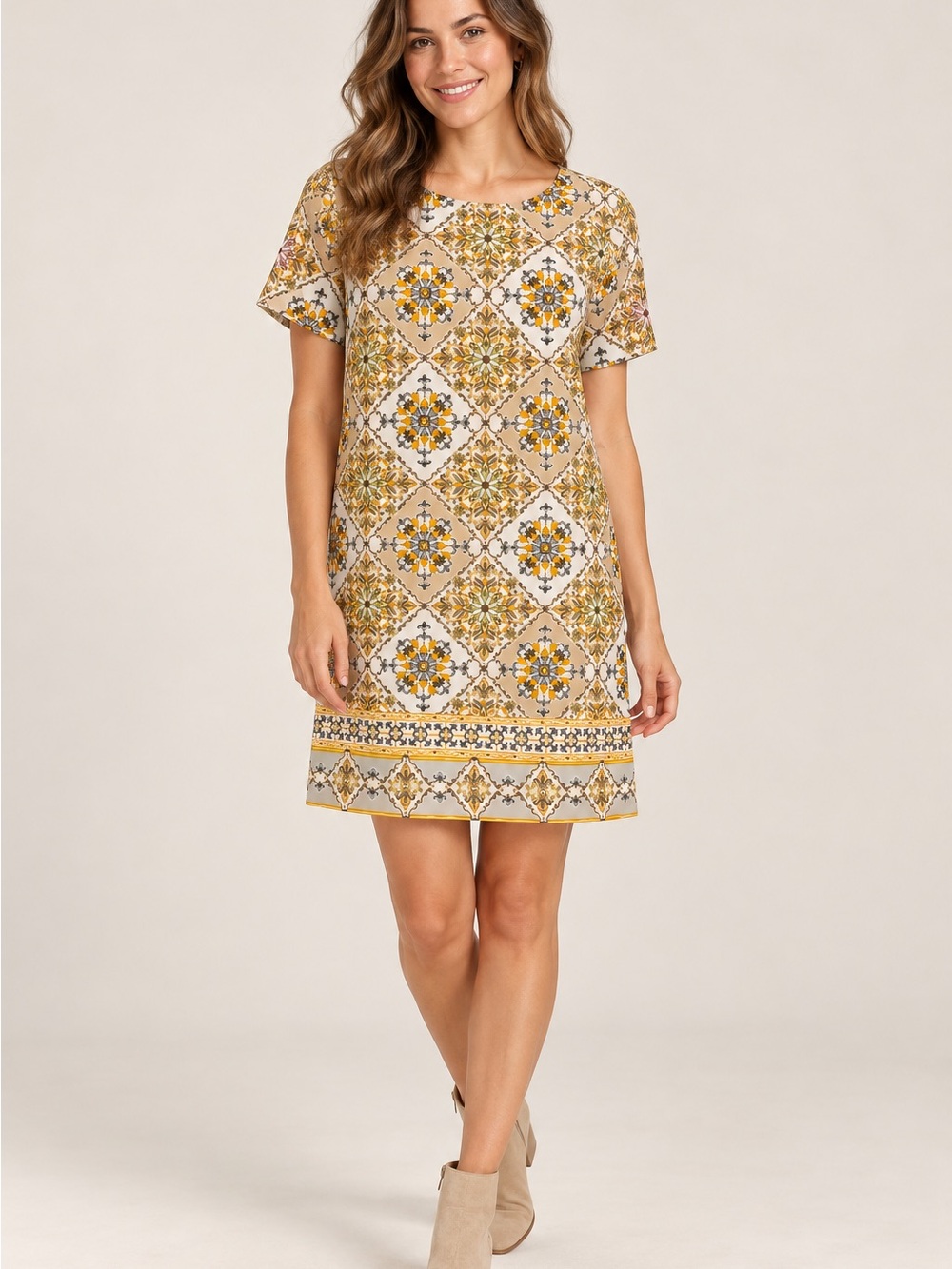 Lulu’s Medium Cream Mustard Floral Tile Print Short Sleeve Tunic Dress